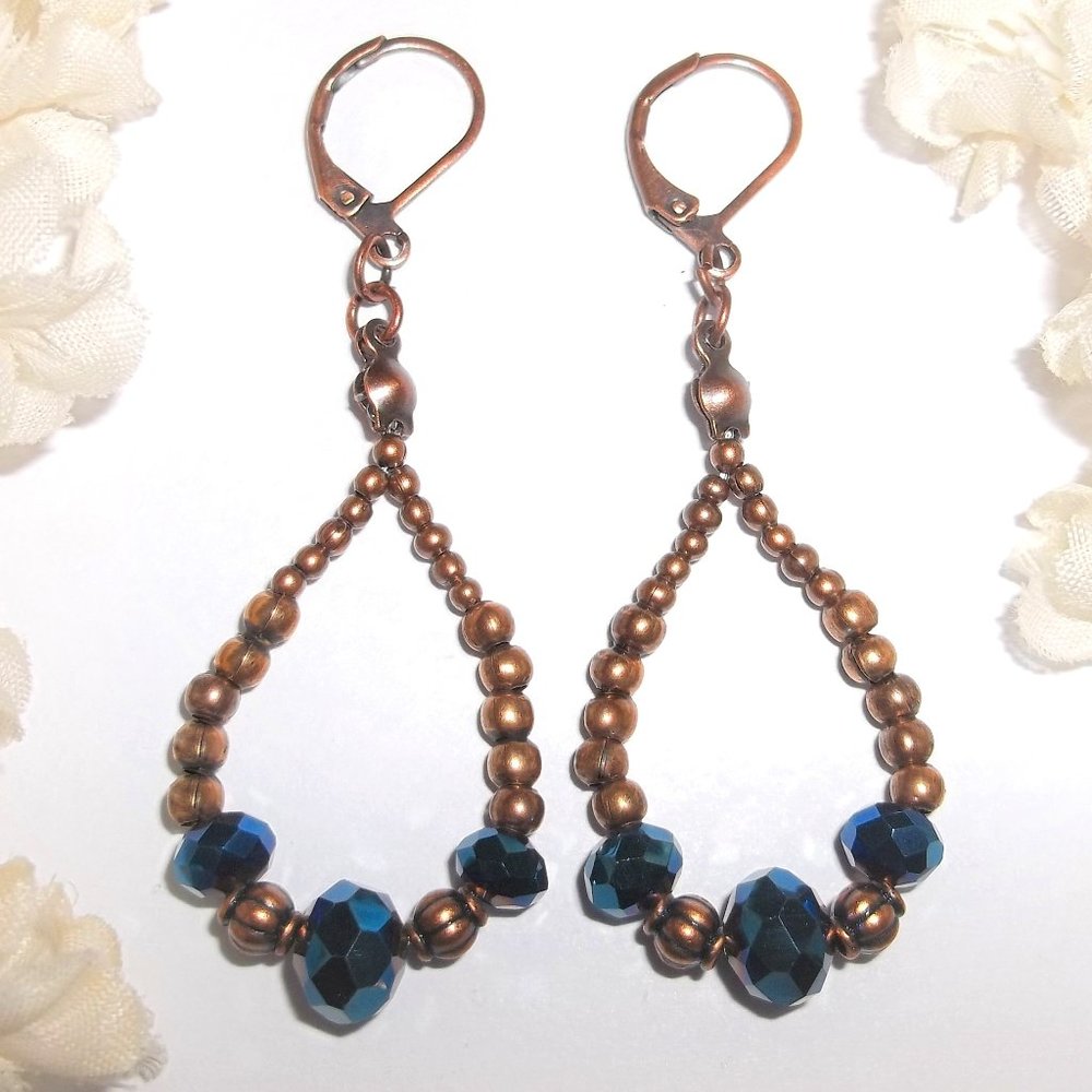 Boho Earring Teardrop Hoop Beaded Dangle Drop Lever Back Rustic Blue Copper 7020